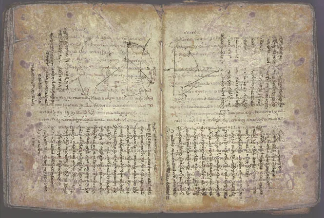 A page of the Archimedes Palimpsest. The tenth-century copy of On Floating Bodies and other works was scraped and overwritten as a prayer book in the thirteenth century.