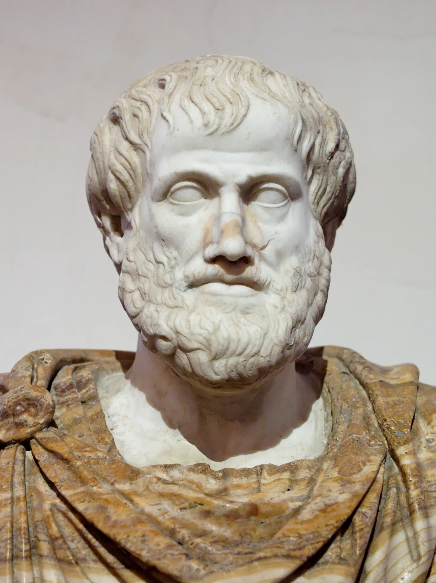 Aristotle: a Roman marble copy of a bronze portrait generally attributed to Lysippos; the alabaster mantle is a modern addition. Palazzo Altemps, Rome.
