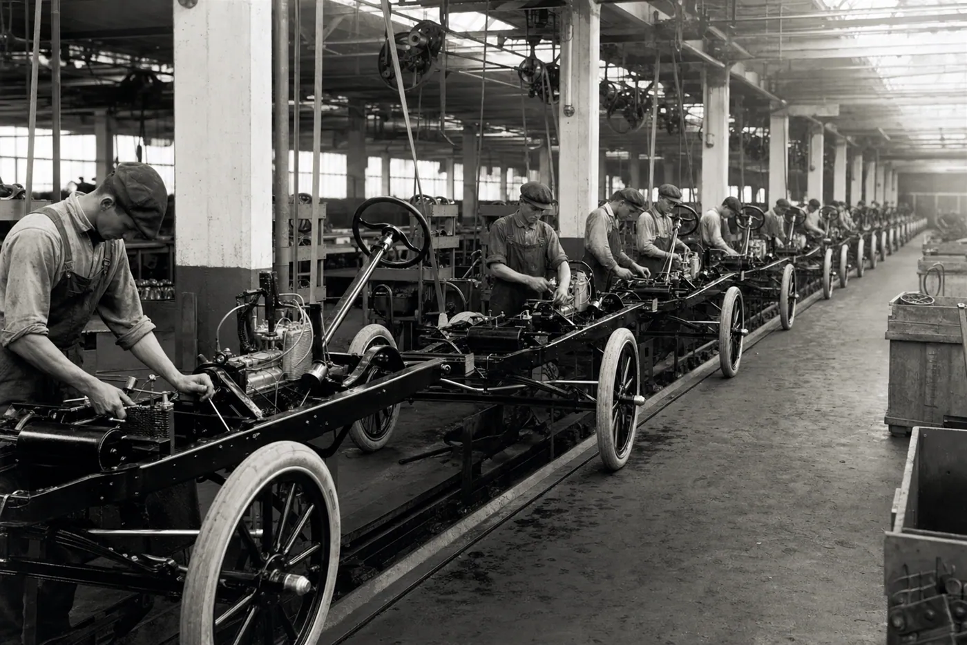 A reconstruction of automobile chassis moving through continuous assembly in an early-twentieth-century factory.