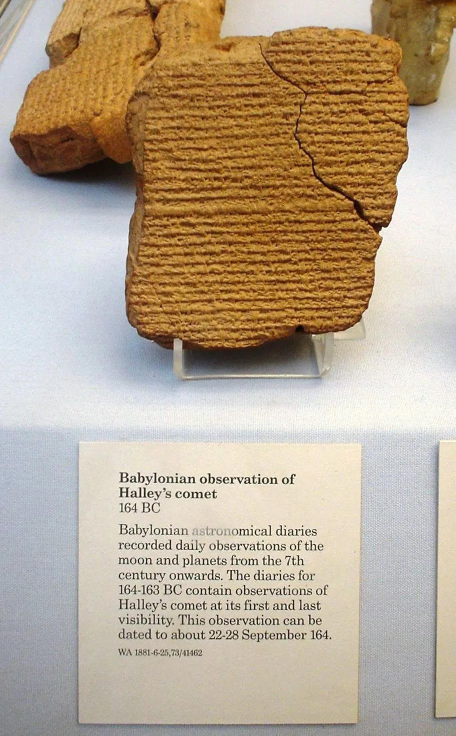 A Babylonian astronomical diary tablet recording Halley’s comet in 164 BCE. British Museum.