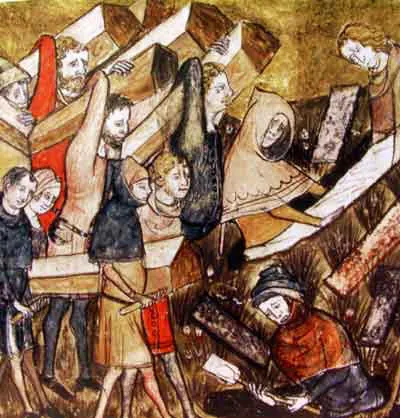 Burying the dead of the plague at Tournai in 1349, a miniature from the chronicle of Gilles Li Muisis, abbot of St Martin’s (c. 1349–52). Royal Library of Belgium, Brussels.