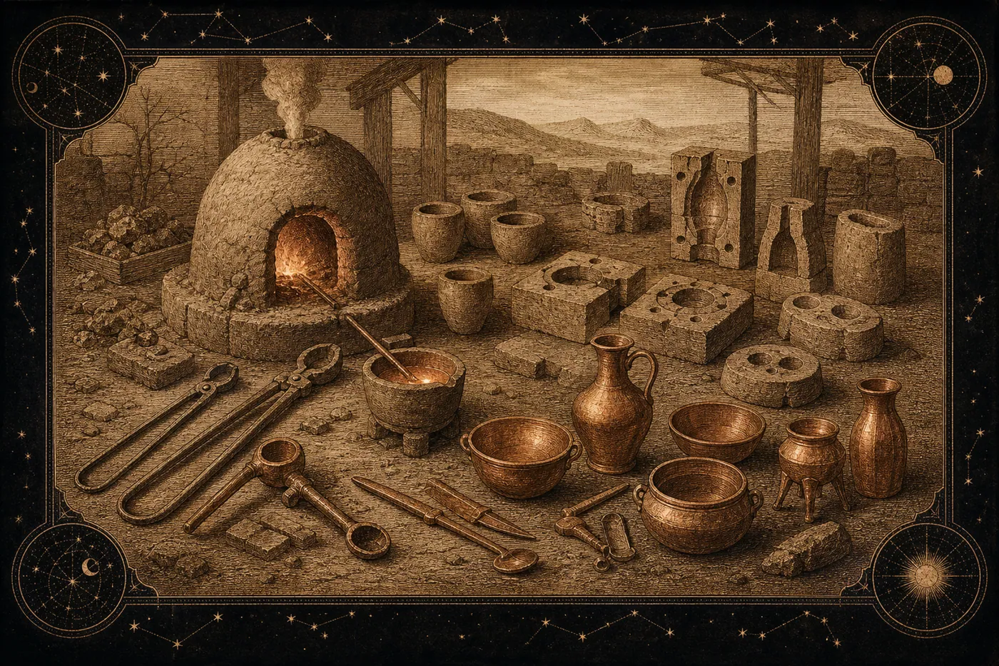 An interpretive study of an ancient bronze furnace, crucibles, molds, and cast vessels.