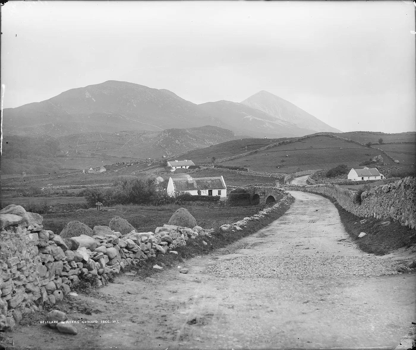 Stone walls, small fields and cottages at Belclare, Co. Mayo, below Croagh Patrick; photograph by Robert French for the Lawrence studio, c. 1865–1914.