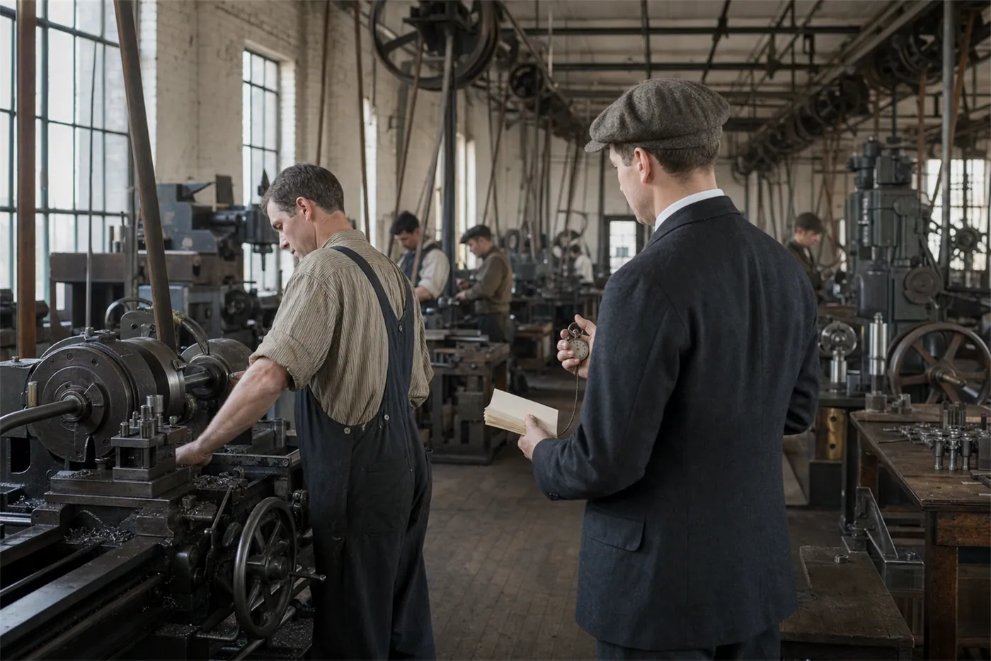 A reconstruction of an early-twentieth-century time study recording workers' motions with a stopwatch.