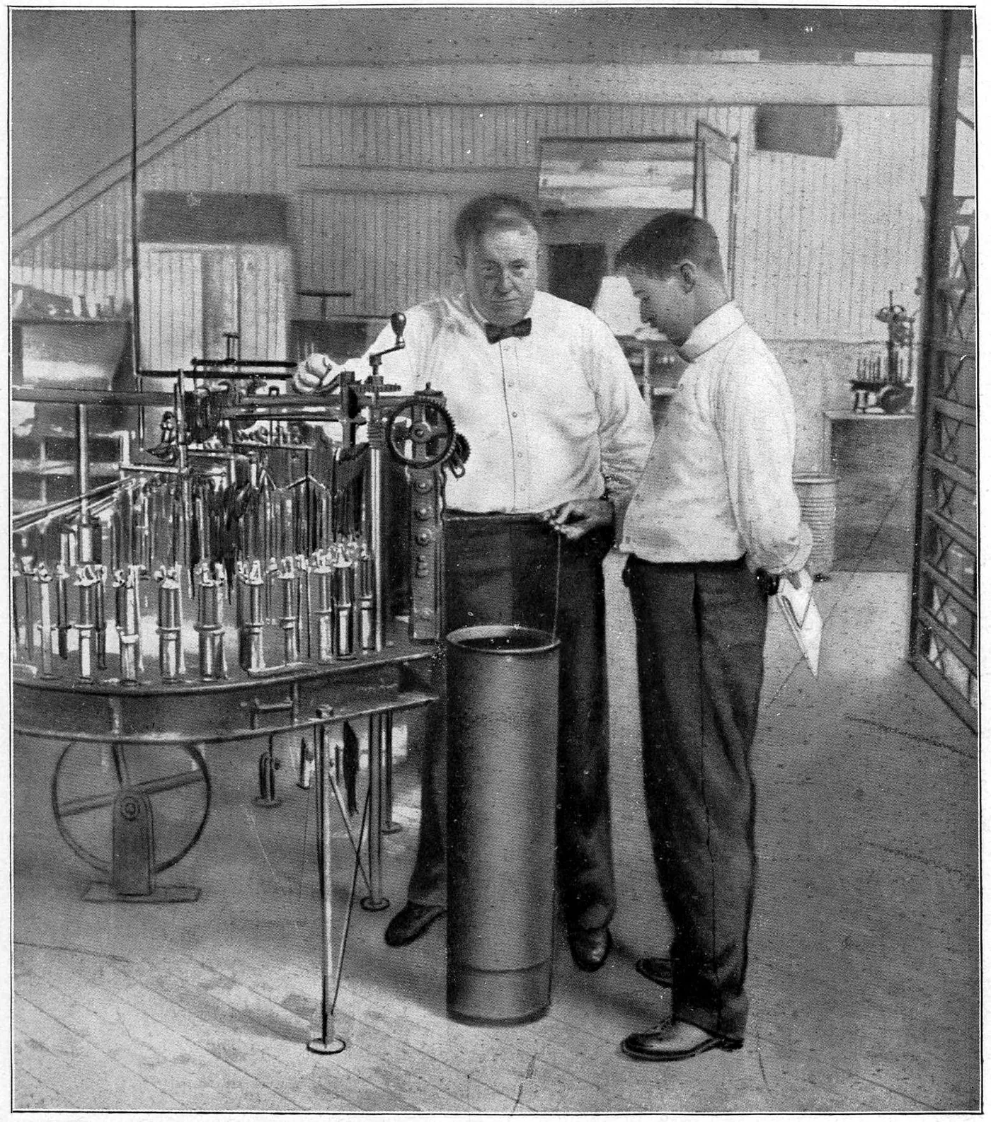 Frank B. Gilbreth (facing the camera) studying workers' movements with cine camera and stereoscope, as published in The World's Work, 1916. The same method was applied in turn to bricklaying, surgery, and the kitchen.