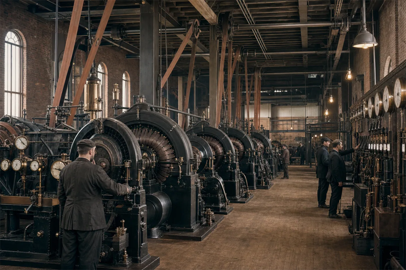 A reconstruction of dynamos and distribution equipment in a late-nineteenth-century central power station.