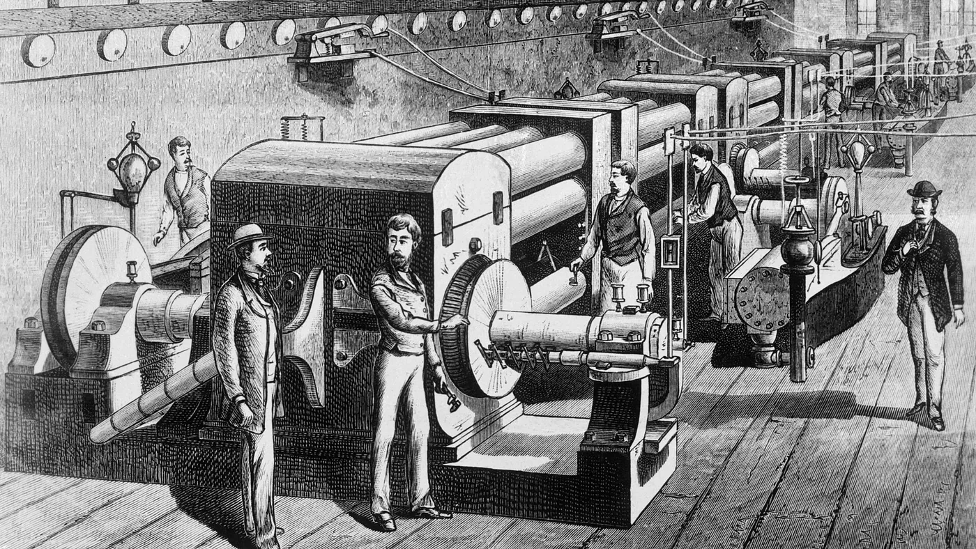 The "Jumbo" dynamos of the Pearl Street station, New York, opened in 1882 (image c. 1885). The hardest item on Edison's list of inventions was in fact the meter.