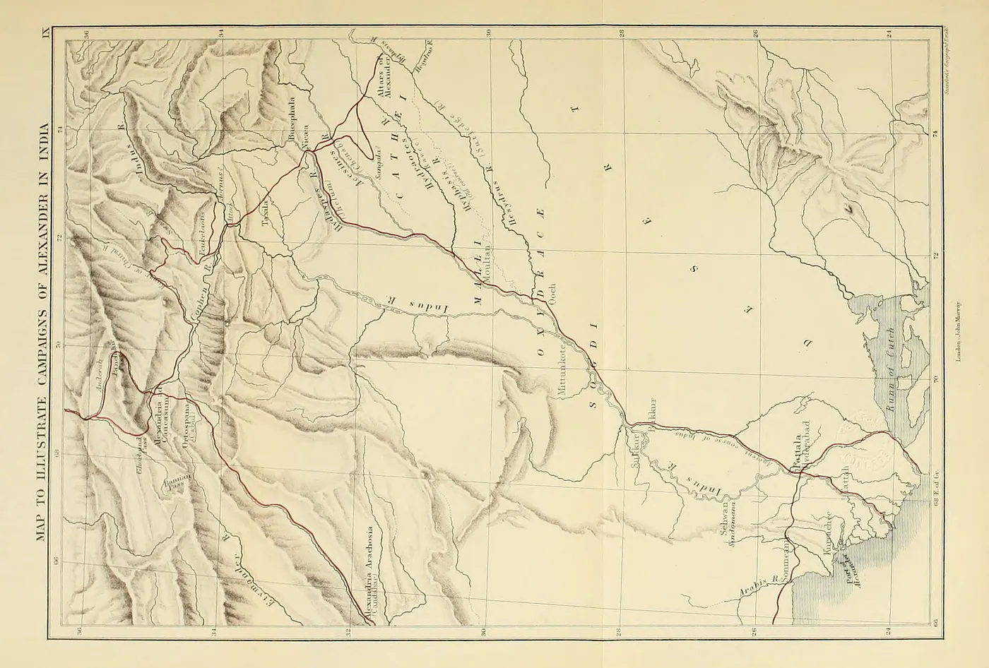 A modern reconstruction of Eratosthenes’ map of the world from the accounts of Strabo and other ancient authors, in E. H. Bunbury’s History of Ancient Geography (1879).