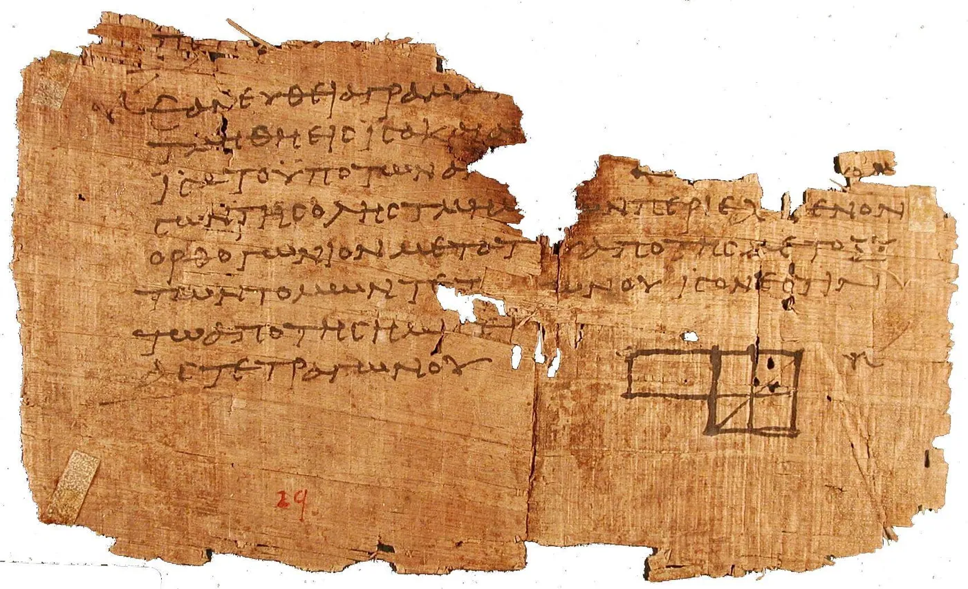 A papyrus fragment from Oxyrhynchus (P. Oxy. I 29) with the text and diagram of Book II, Proposition 5 of Euclid’s Elements, about 100 CE.