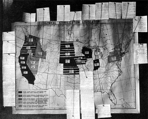An exhibit at the Second International Exhibition of Eugenics, held with the Second International Eugenics Congress at the American Museum of Natural History, New York, in 1921: a chart of the state of compulsory sterilization laws in the United States. Such congresses were then regarded as regular international scientific meetings.