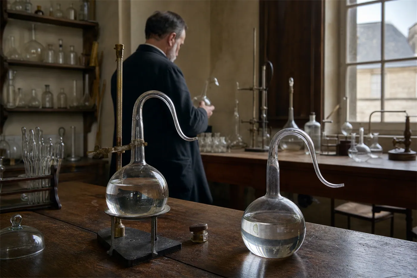 A reconstruction of swan-neck flasks, microscopy, and culture apparatus in a nineteenth-century microbiology laboratory.