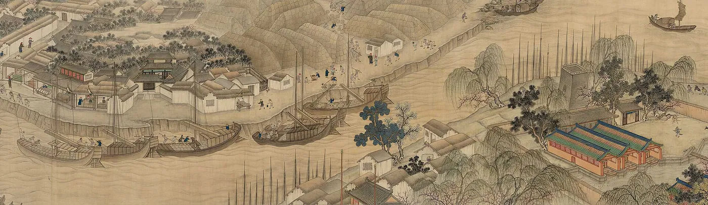 A detail of Jiang Xuan’s Qing scroll Supervising Grain Transport on the Lu River (c. 1776–77; National Museum of China), showing tribute-grain shipping on the canal near Tongzhou. Most of the grain that fed the capital came north along this canal.