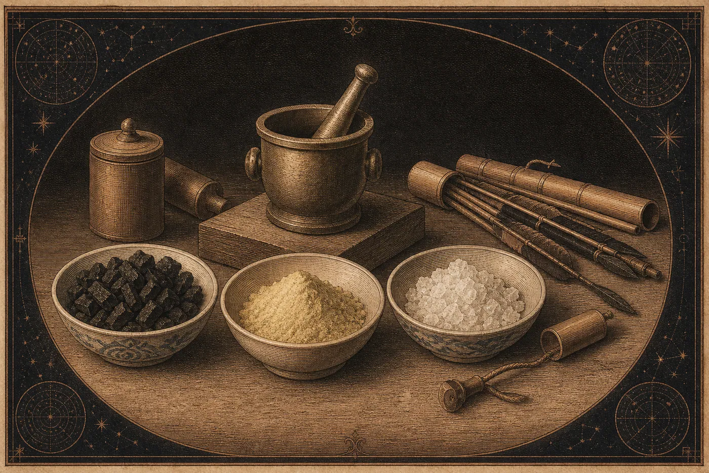 An interpretive still life of Song-era gunpowder materials, mortar, and bamboo fire-arrow parts.