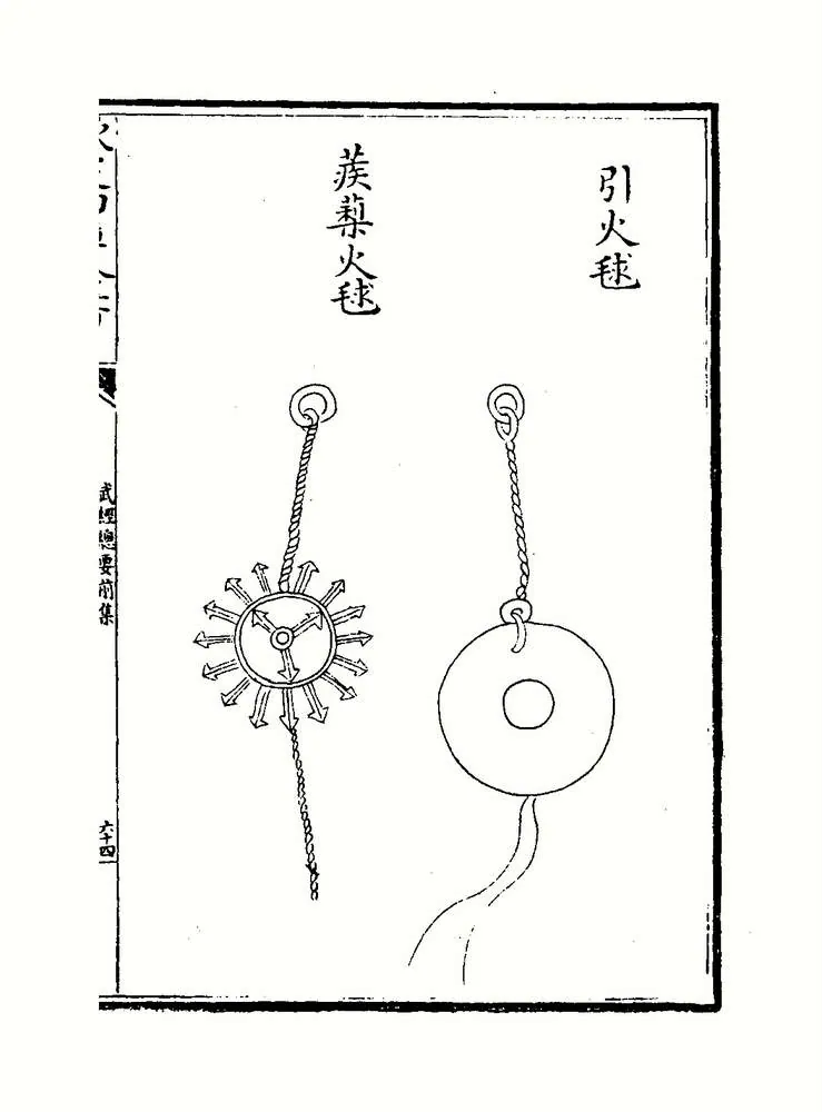 The fire-ball illustrated in the Wujing Zongyao (1044), from the Siku Quanshu copy. The "fire-balls" shown are incendiary devices; cannon able to bring down a wall are three centuries away.