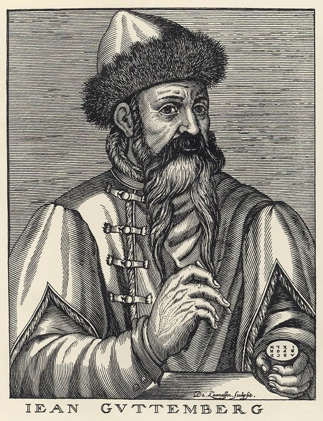 Gutenberg in the portrait type of André Thevet’s Vrais pourtraits et vies des hommes illustres (Paris, 1584). No contemporary likeness survives; this imagined portrait became the model for many later ones.