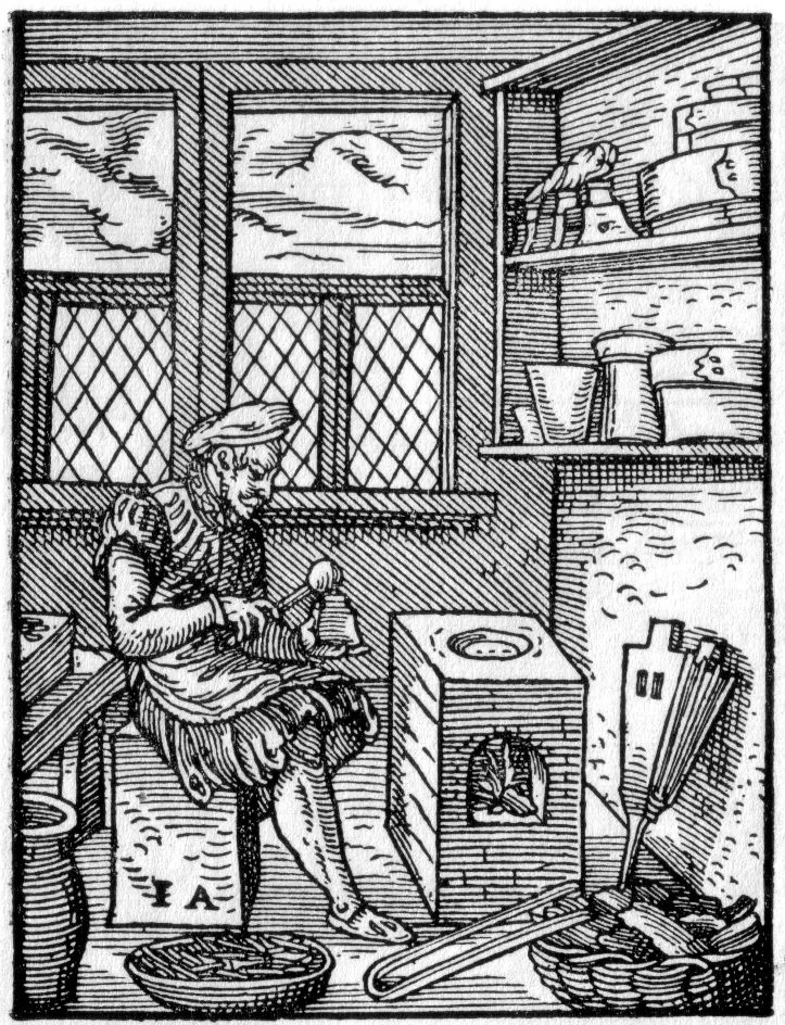 "The Typefounder", a woodcut by Jost Amman from the Ständebuch (1568): the caster pours molten metal into a hand mould. What truly made books reproducible was not the great press but this small mould, which could cast one letter a thousand times over.