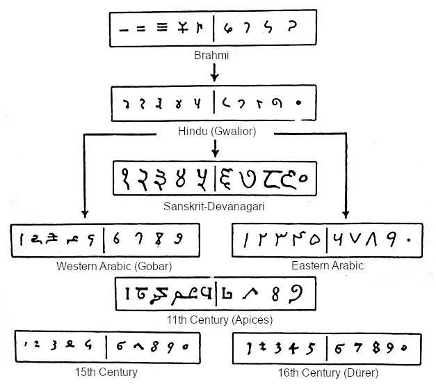 数字字形的演变示意图，从婆罗米数字、瓜廖尔铭文中的印度数字与天城体，分出西阿拉伯（“戈巴”数字）与东阿拉伯两支，再到11世纪欧洲的算盘计数符与15、16世纪（丢勒）的欧洲字形。近代绘制，据达塔与辛格（1935）。
