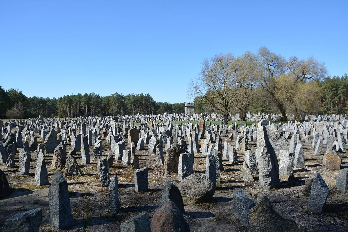 The memorial at Treblinka, one of the three Operation Reinhard extermination camps: 17,000 stones of various sizes stand on the site, 216 of them bearing the names of the towns from which Jews were deported here.