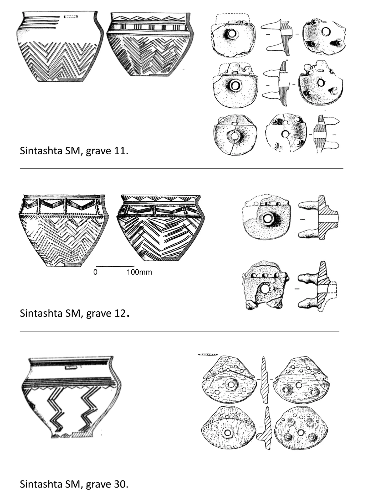 Sintashta ceramics and the bone and antler cheekpieces of chariot horses, from a figure in Lindner's 2020 study. The wood of the wheels is long gone; what remains in the soil are these small pieces of bit gear.