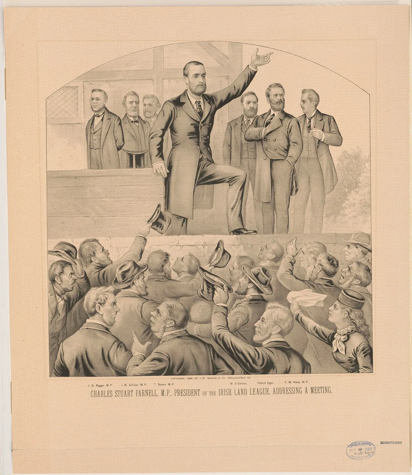 “土地同盟主席”帕内尔在集会上演讲，1883年费城出版的石印画。台上讲的是租金，台下记的是饥荒。