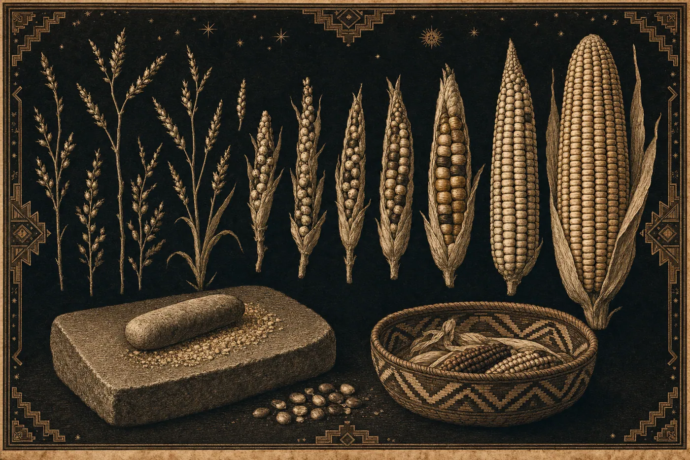 A comparative botanical plate of teosinte, intermediate cobs, and domesticated maize.