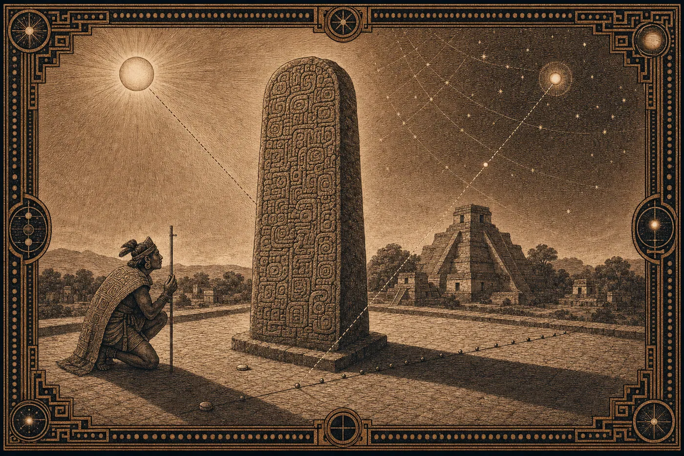 A conjectural scene of a calendar keeper using solar shadow and a stela to reckon time.