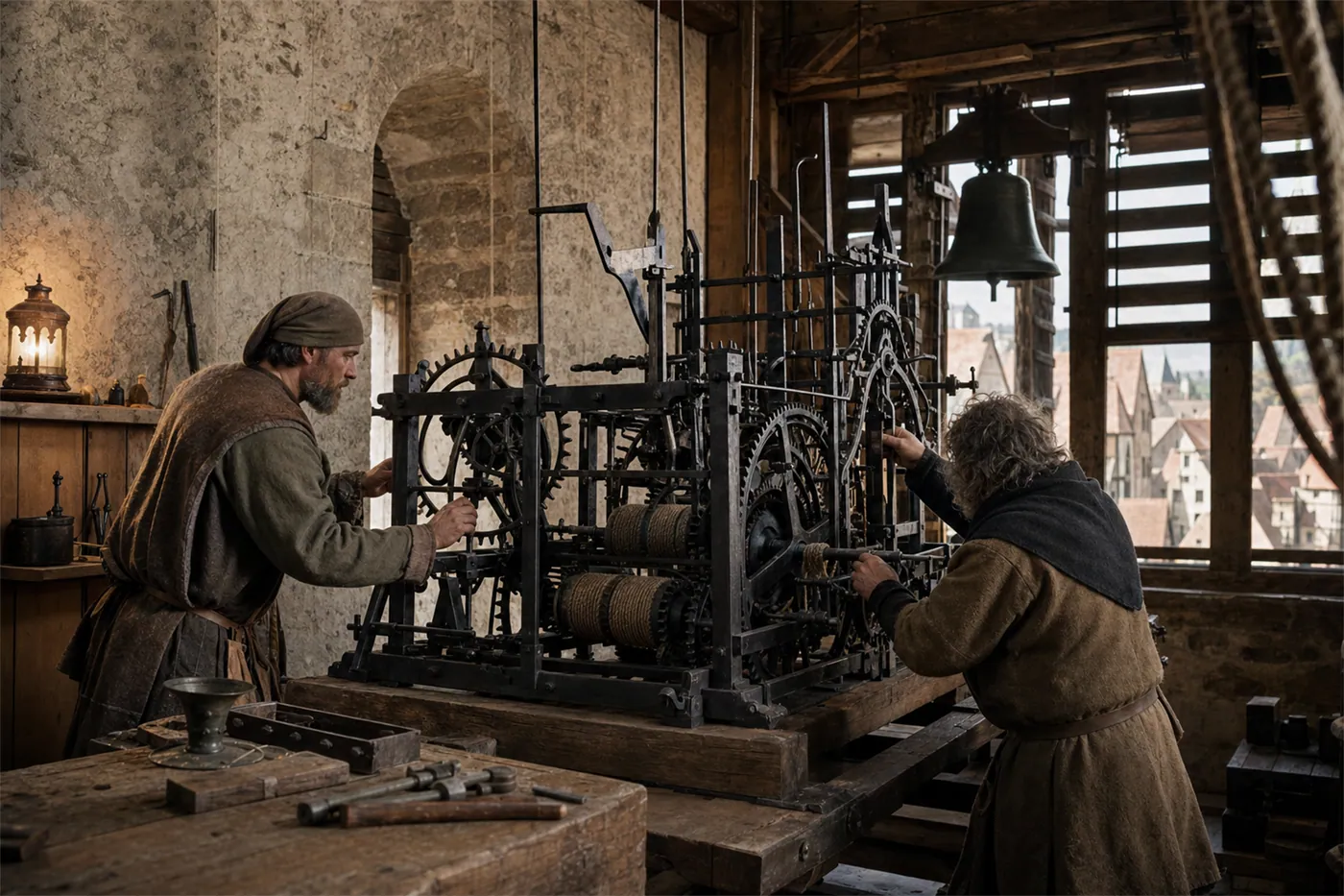 A reconstruction of a fourteenth-century European tower workshop and the mechanical clock's early gearwork.