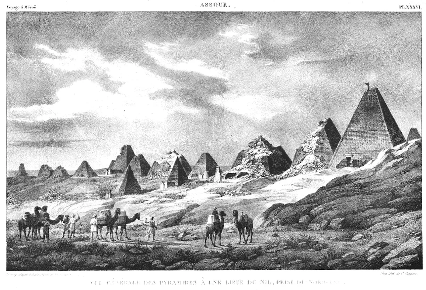 The pyramids of Meroë as drawn by the French traveller Frédéric Cailliaud in 1821 (published in his Voyage à Méroé, 1826). They are steep and narrow, quite unlike those at Giza.