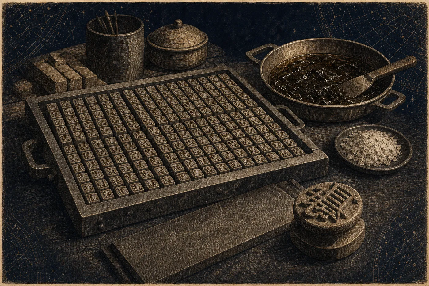 An interpretive still life of movable type, a composing tray, and inking tools.