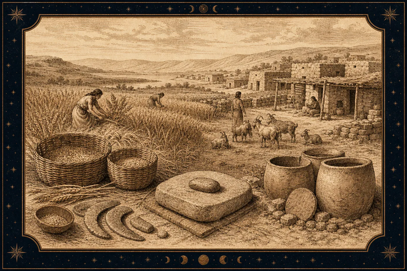An interpretive village scene of early cereals, stone sickles, grinding, storage jars, and goats.
