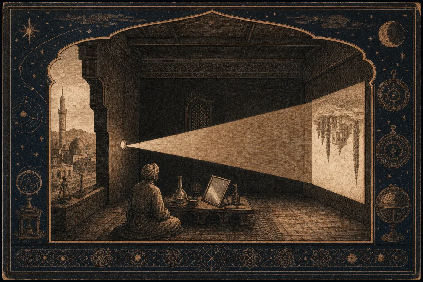 An interpretive camera-obscura experiment projecting an inverted outdoor scene inside a dark room.
