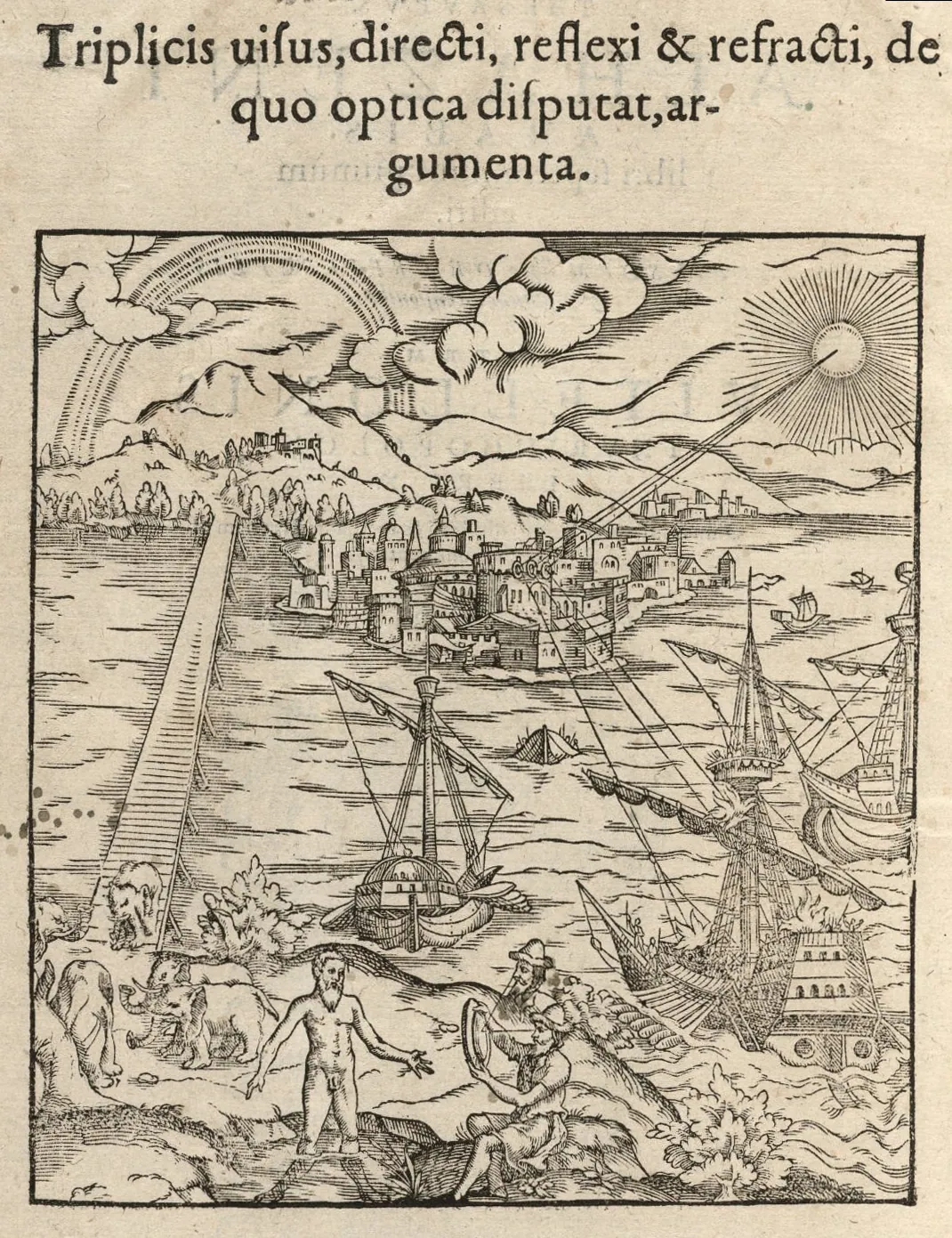 The frontispiece of the Opticae thesaurus (Basel, 1572), Friedrich Risner's printed Latin edition of Ibn al-Haytham's De aspectibus, illustrating direct, reflected and refracted vision. Europe knew him as Alhazen and read him for four centuries; Kepler took the next step from this very edition.