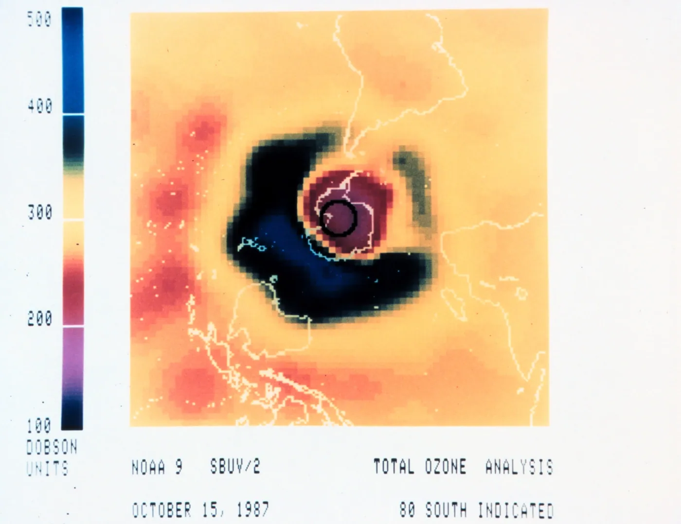Ozone analysis map over Antarctica, 15 October 1987 (SBUV/2 instrument on the NOAA-9 satellite). The Montreal Protocol had been signed the month before.