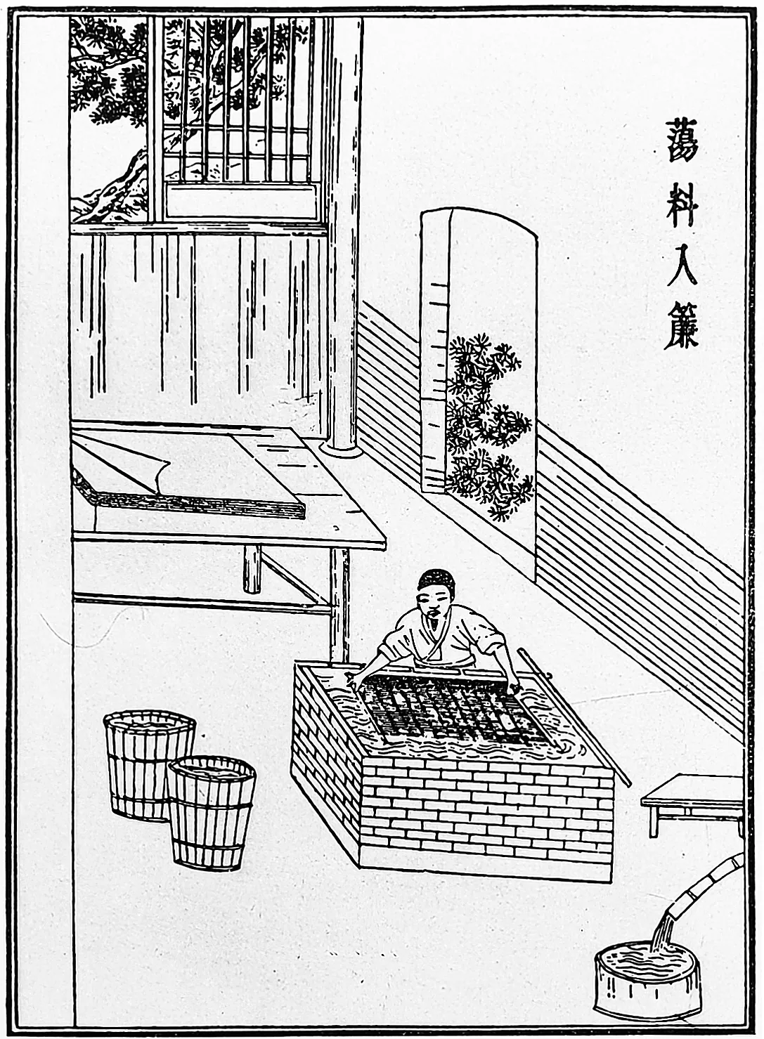 Sheet-forming with a bamboo screen, one of the papermaking plates of the Tiangong Kaiwu (1637). Fifteen centuries after Cai Lun, the craft Song Yingxing drew is recognizably the same.