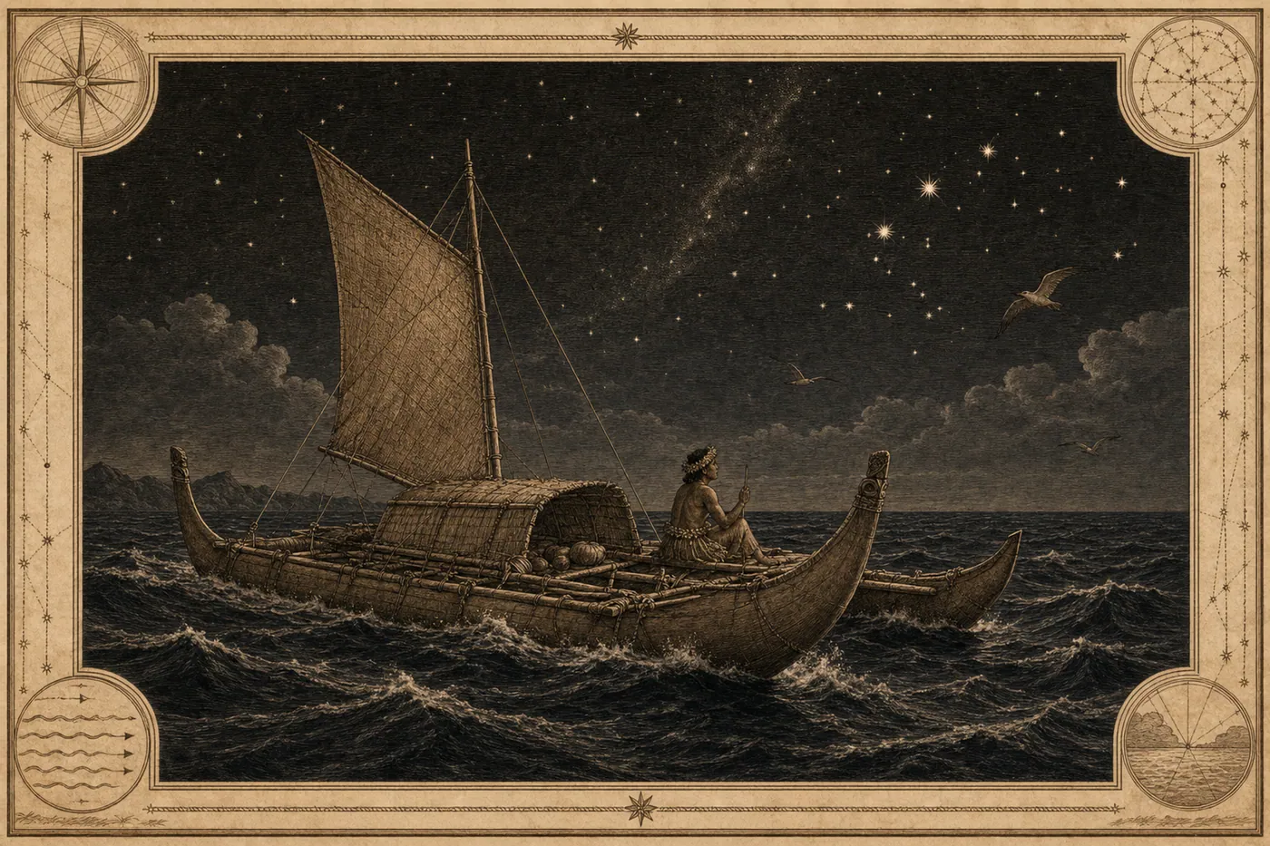 A conjectural scene of wayfinding by stars, ocean swell, wind, and seabirds.