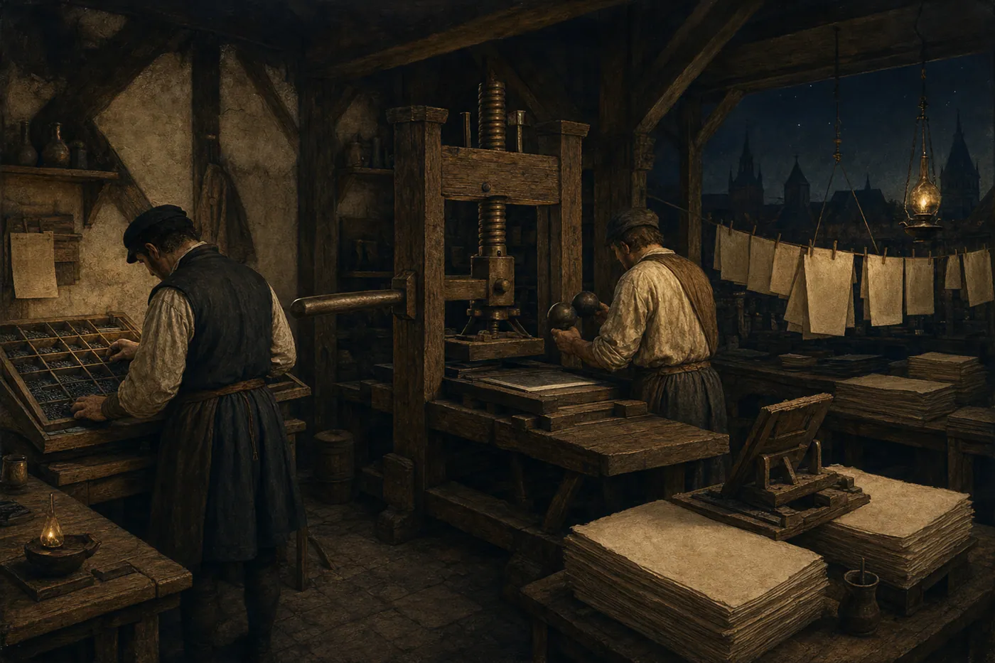 An interpretive view of a 15th-century Mainz printshop and screw press.
