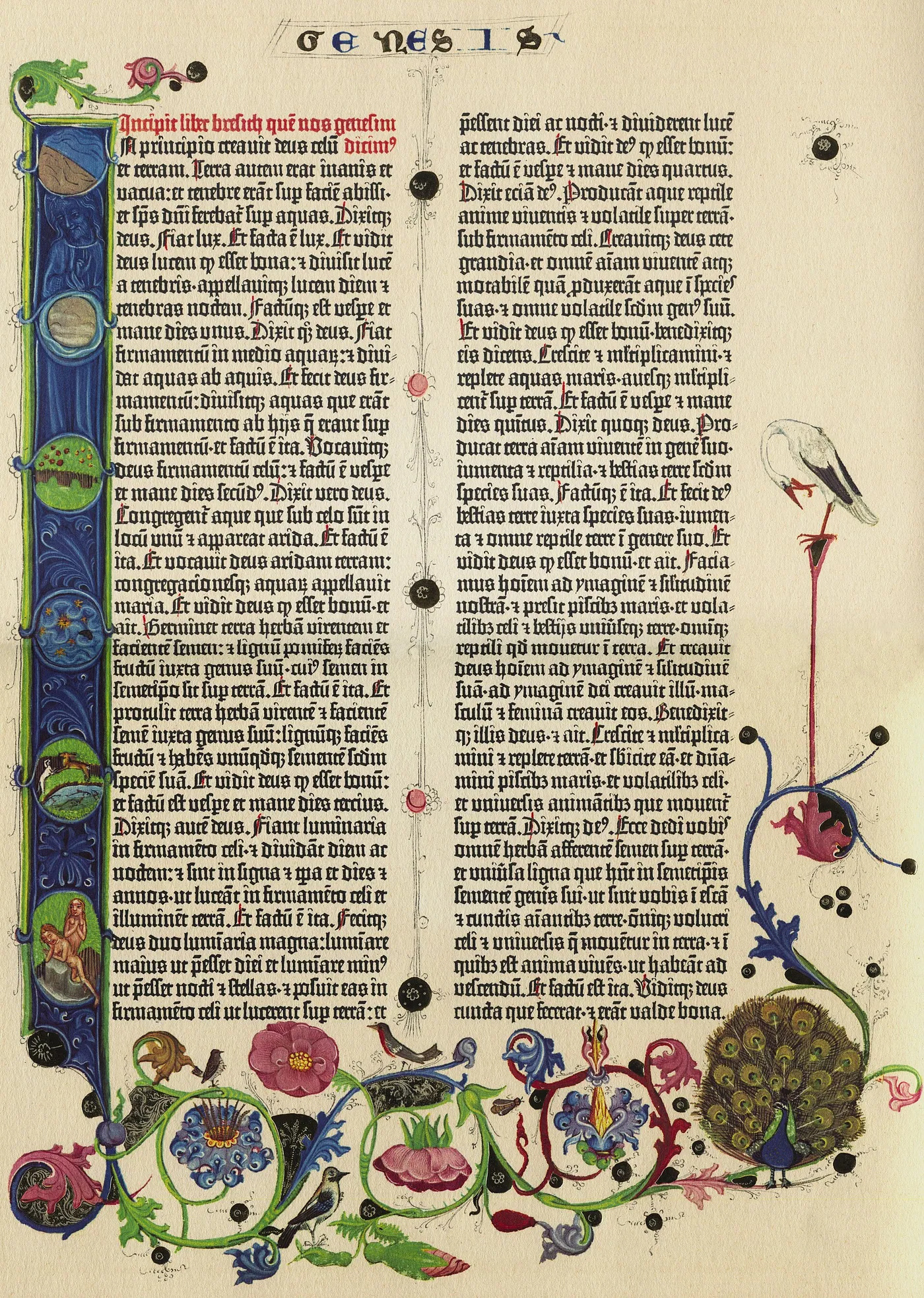 The opening of Genesis in Gutenberg’s 42-line Bible (illuminated copy, Staatsbibliothek zu Berlin, c. 1455). The layout imitates a manuscript; the painted initials and borders were added by hand after printing.