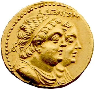 A gold octadrachm of the 3rd century BCE with the paired busts of Ptolemy II and his sister and queen, Arsinoe II.