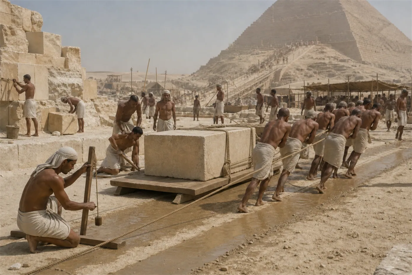 A reconstruction of Old Kingdom workers hauling stone on a broad wooden sledge over a wetted track.