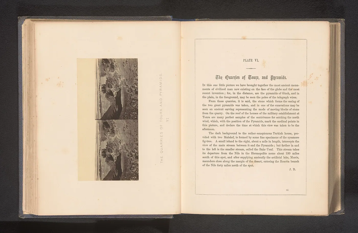 Francis Frith's stereograph "The quarries of Toura and pyramids" (1857–62; Rijksmuseum). The Great Pyramid's white limestone casing came from Tura, and the diary of Merer, found at Wadi al-Jarf on the Red Sea in 2013, is an overseer's day-book of shipping these blocks to Giza.
