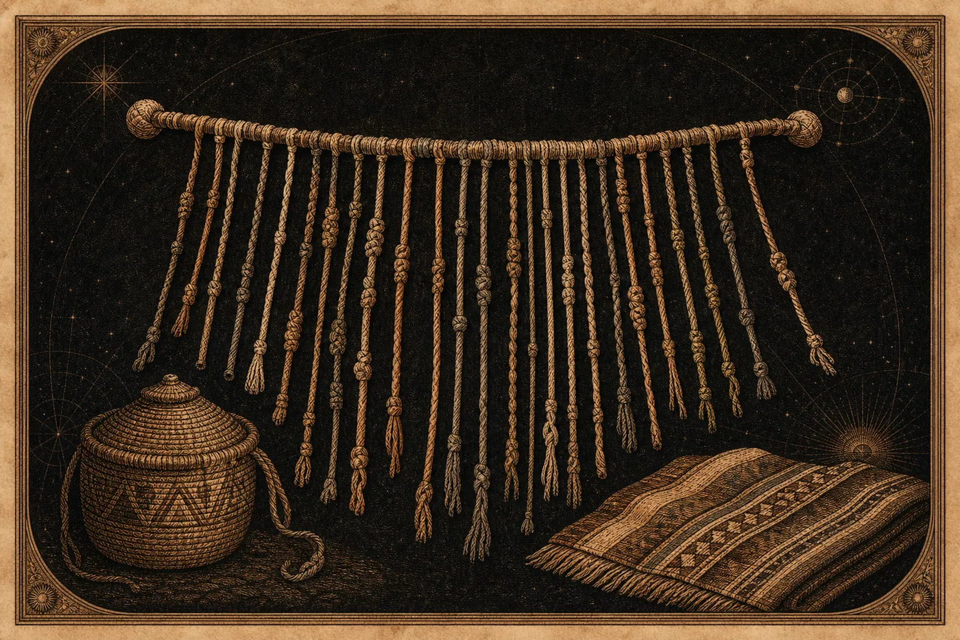 An interpretive display of a quipu's primary cord, pendants, and varied knots.