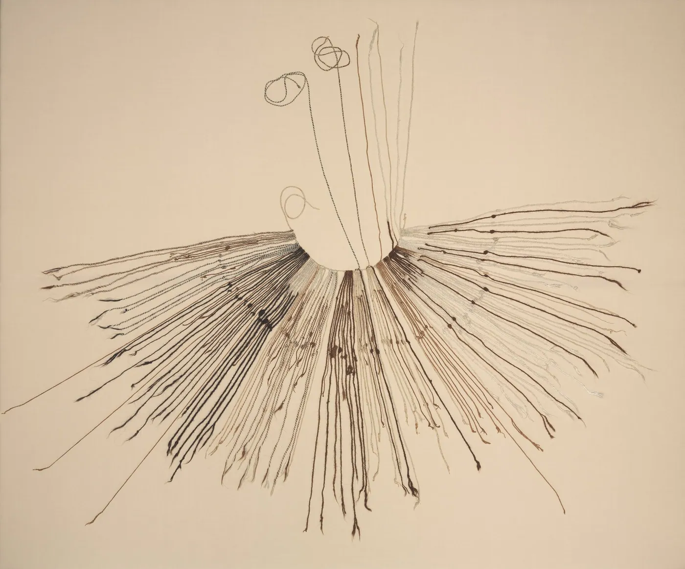 An Inca khipu, c. 1400–1532 (Cleveland Museum of Art). The farther a knot cluster lies from the primary cord, the lower its place value; an empty position is zero.