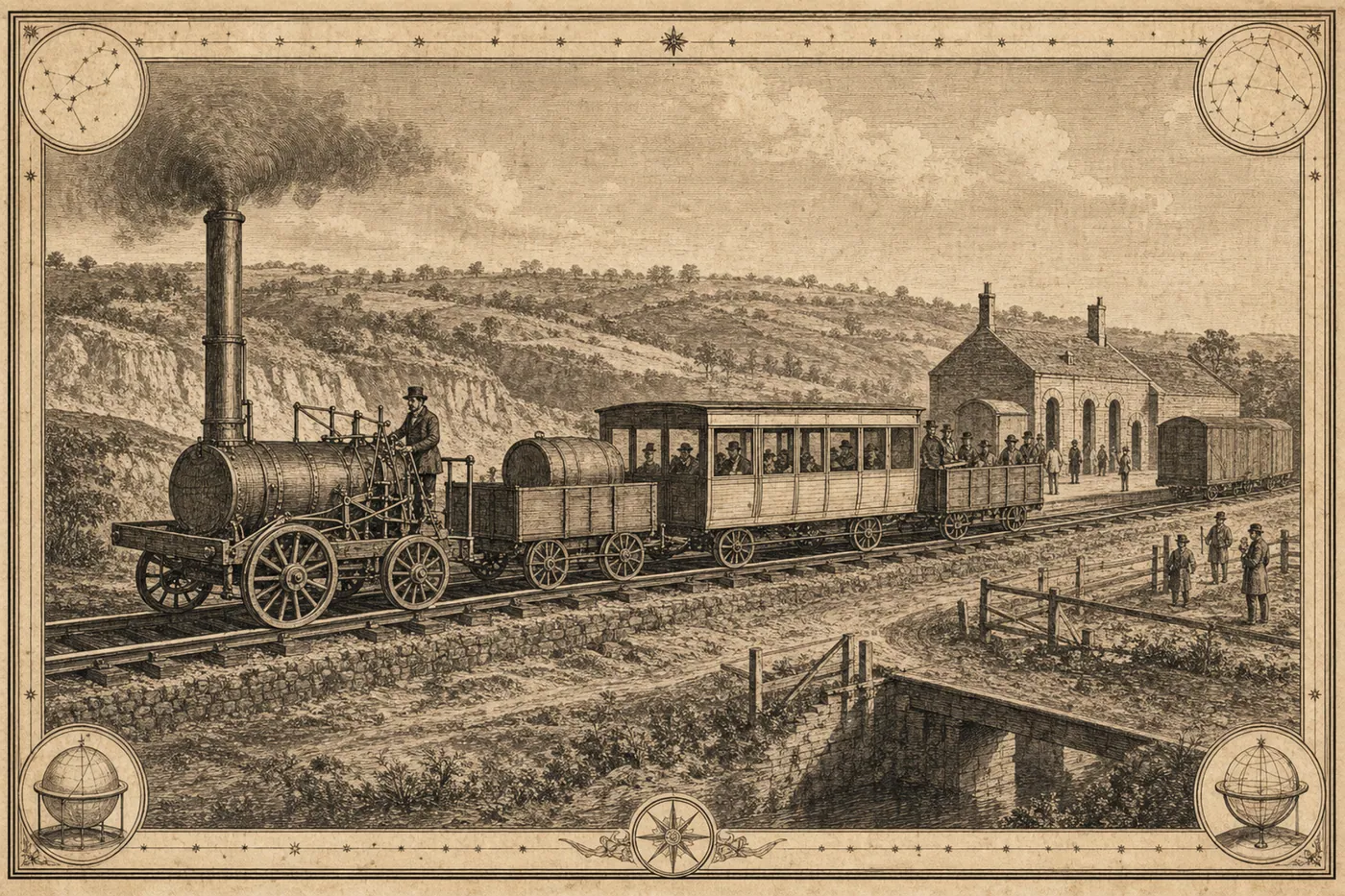 A reconstruction of an early public railway with steam locomotive and mixed train in the 1820s.