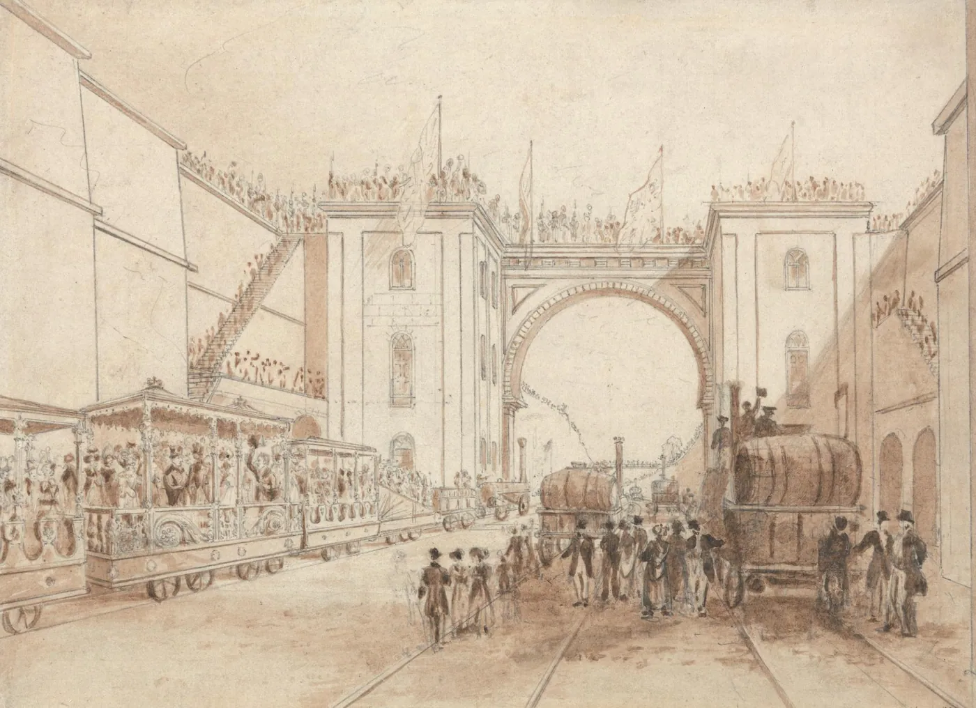 The opening of the Liverpool and Manchester Railway, 1830, in a drawing by Isaac Shaw (c. 1830; Yale Center for British Art). It was the first inter-city railway worked entirely by steam locomotives to a timetable, for both passengers and goods.