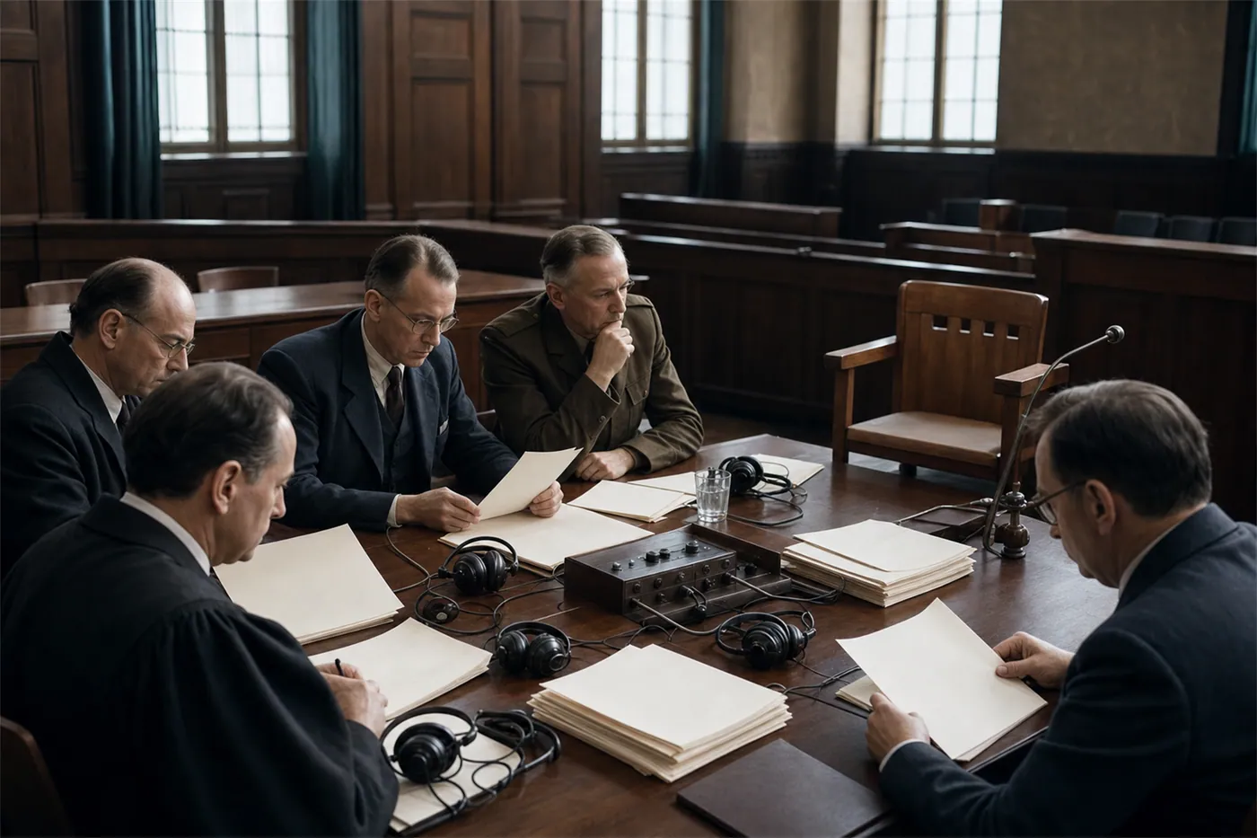 A restrained reconstruction of mid-twentieth-century judicial and institutional review of research records, without depicting victims.