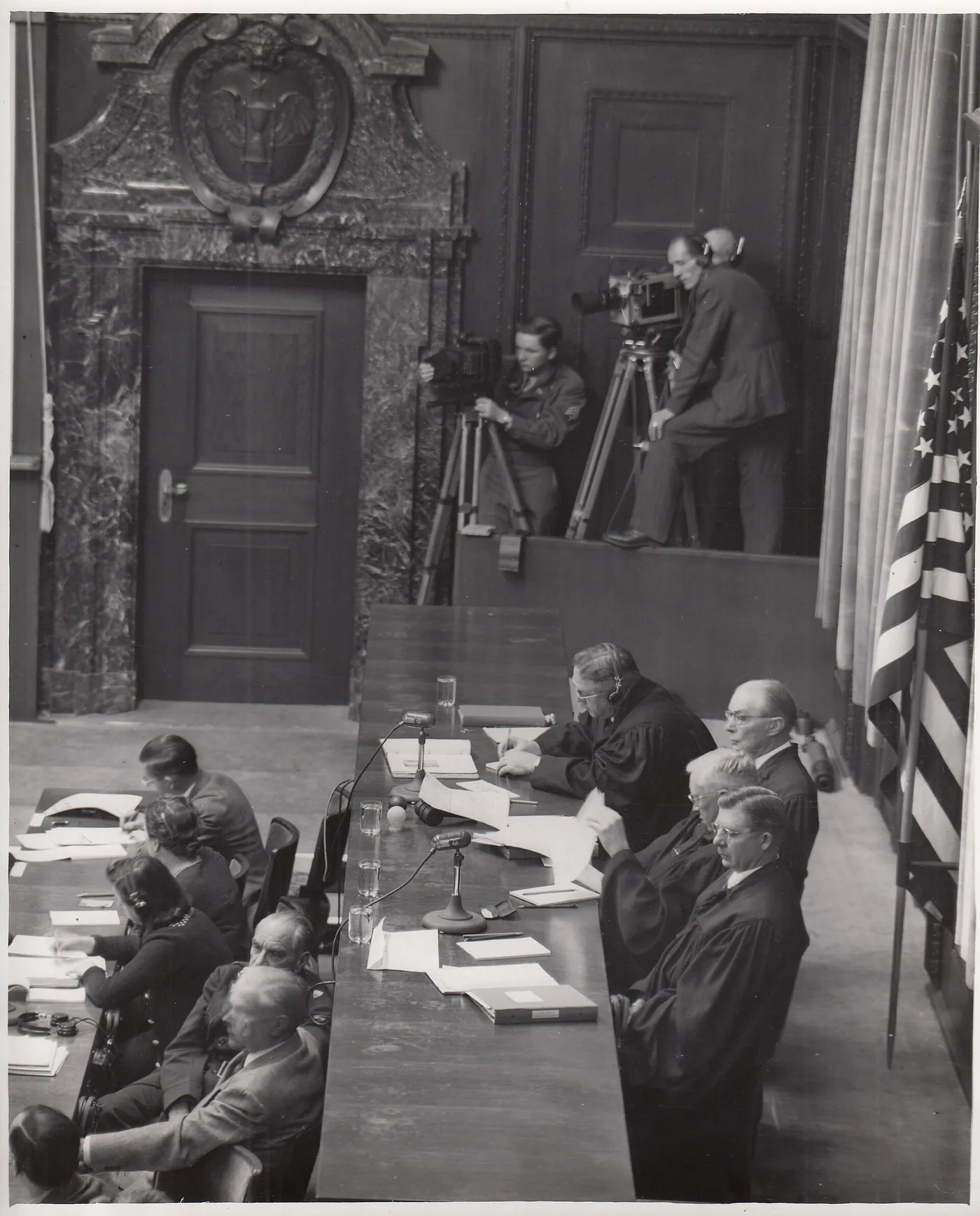The judges of U.S. Military Tribunal I, which heard the Nuremberg Doctors' Trial, on its opening day, 9 December 1946. The ten points of the Nuremberg Code were appended to the judgment of August 1947.