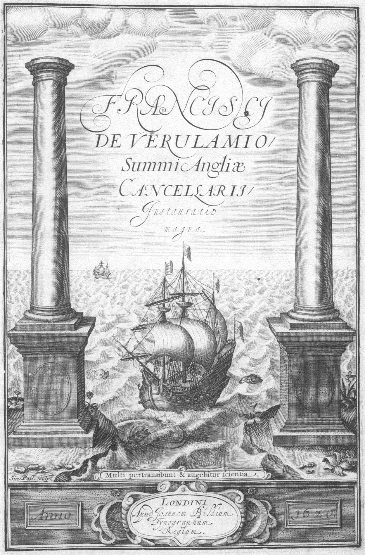 The engraved title page of Bacon's Instauratio Magna (1620), the volume in which the Novum Organum appeared: a ship sailing past the Pillars of Hercules (the ancients' "end of the world"), inscribed "Many shall pass through, and knowledge shall be increased." Method as a licence to set sail.