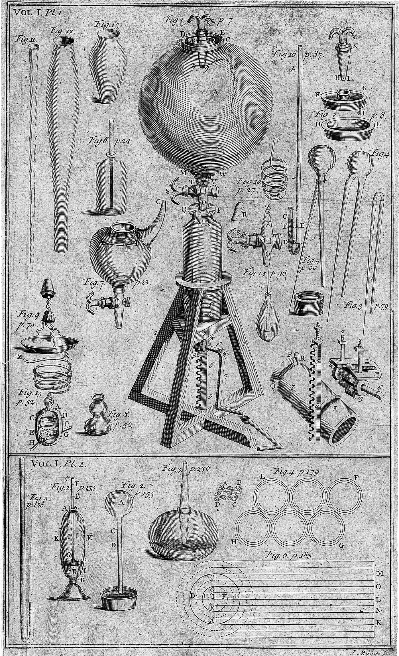 波义耳《关于空气弹性及其效应的物理—力学新实验》（1660）所附的第一台空气泵图版。这台机器造价高昂、时常漏气，波义耳在见证人面前用它做实验，再把结果作为“事实”公之于众。