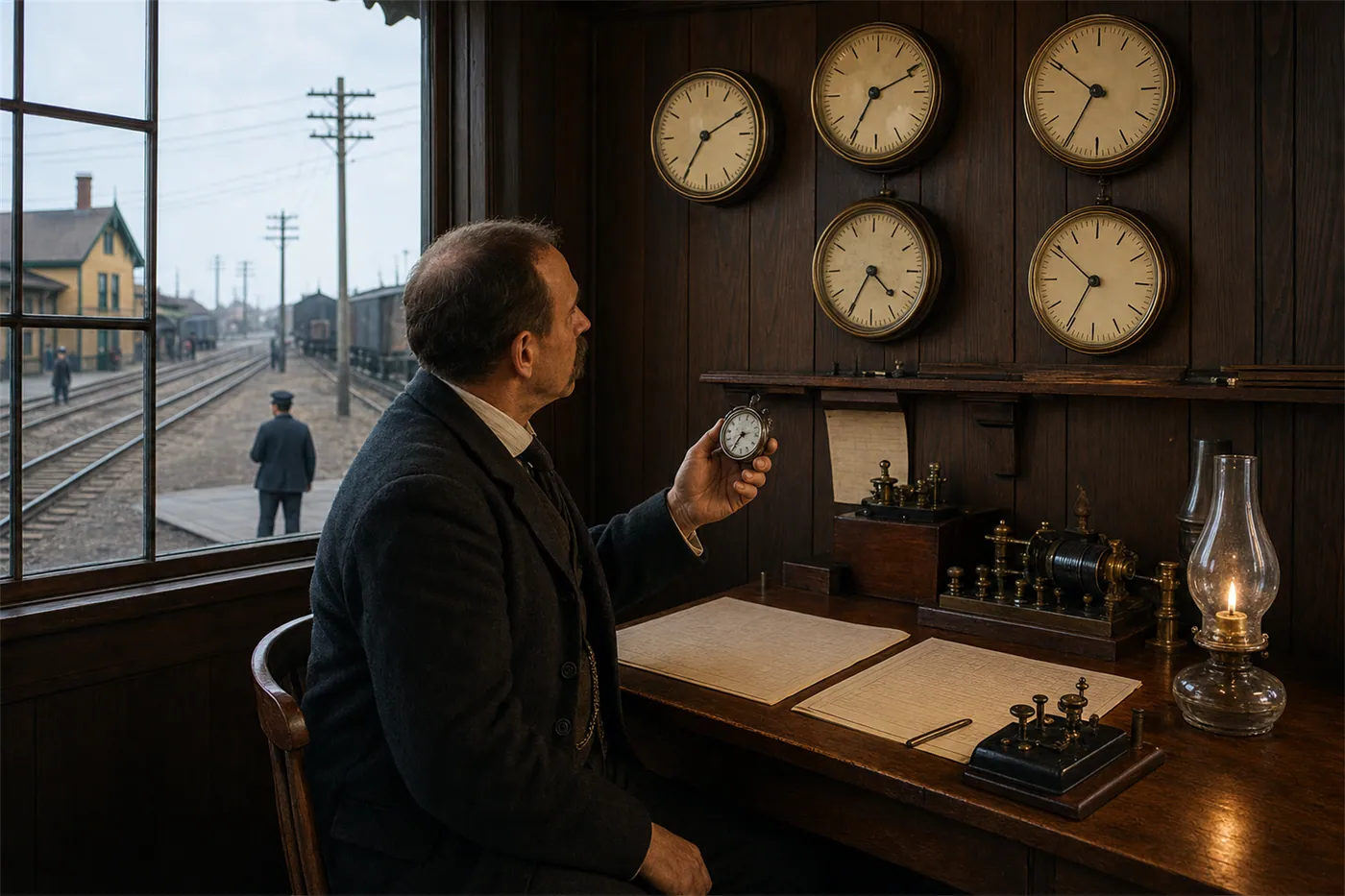 A late-nineteenth-century railway dispatch room coordinating trains with clocks, timetables, and telegraphy.