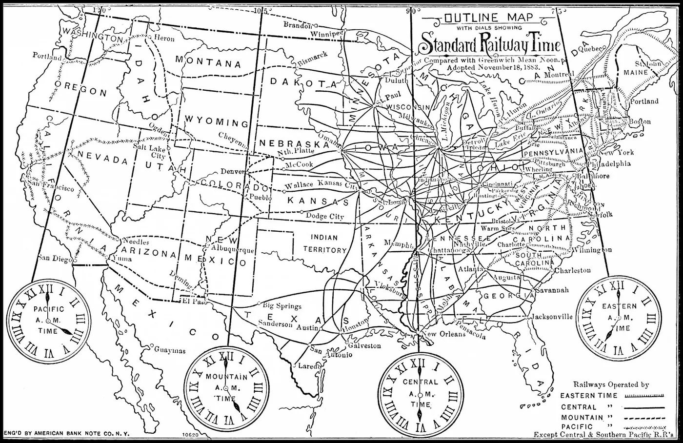 Standard railway time of 1883 compared with Greenwich Mean Time, from Popular Science Monthly vol. 26 (1884–85). 18 November 1883 was called the Sunday of Two Noons: many towns set their clocks back that day and passed noon twice.